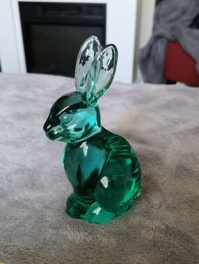 Lovely Teal Green Glass Bunny Paperweight Figurine by Abbott Collection 5" Tall